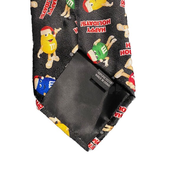 M&M Happy Holiday Christmas Tie Black with M&M's wearing santa hats - Picture 5 of 5